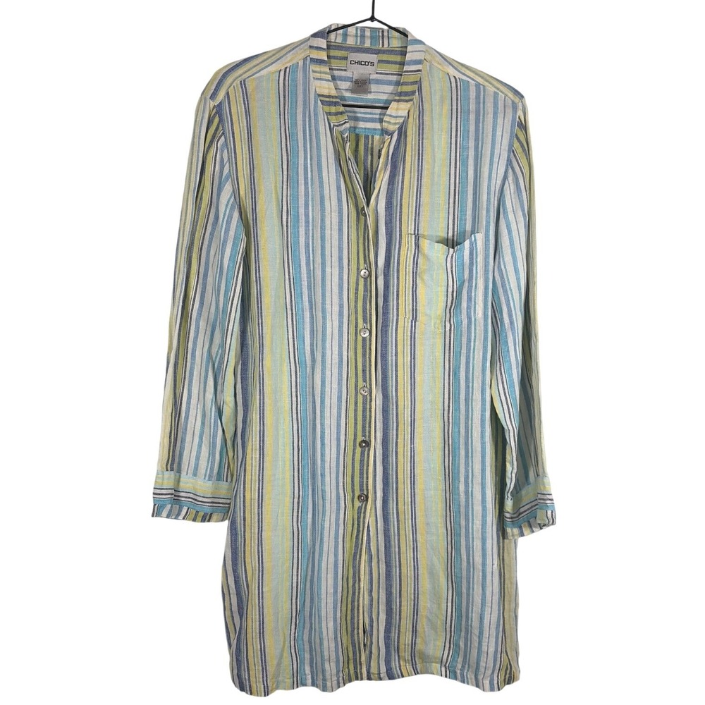 Chico's Women‎ Striped Linen Beach Resort Brunch Tunic Shirt Size 1 (M)